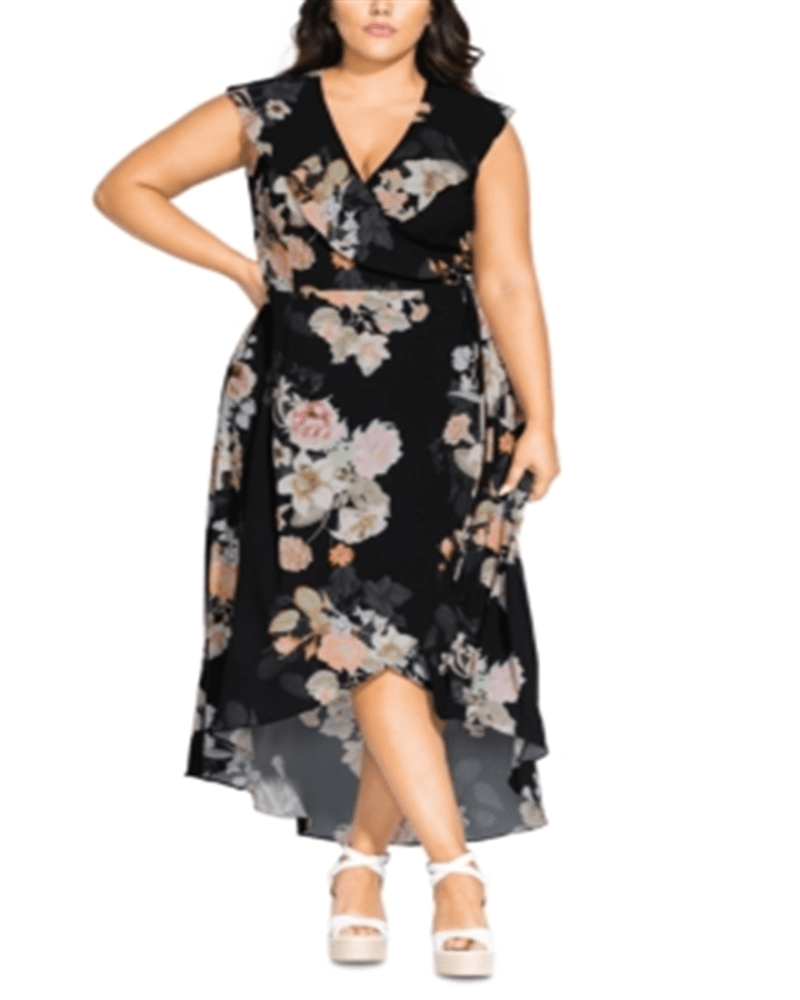 Front of a model wearing a size XS City Chic Women's Trendy Plus High Low Maxi Wrap Dress Black Size XS in Black by City Chic. | dia_product_style_image_id:312620